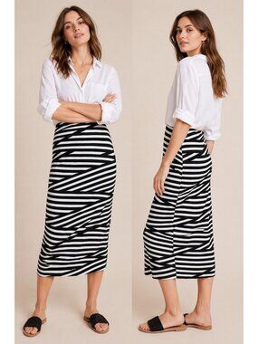Anthropologie Shelby Black Striped Midi Skirt XS Lined Stretch Waist NWT